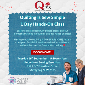 Advertisement for a quilting class with text and images of a man and woman with a sewing machine.