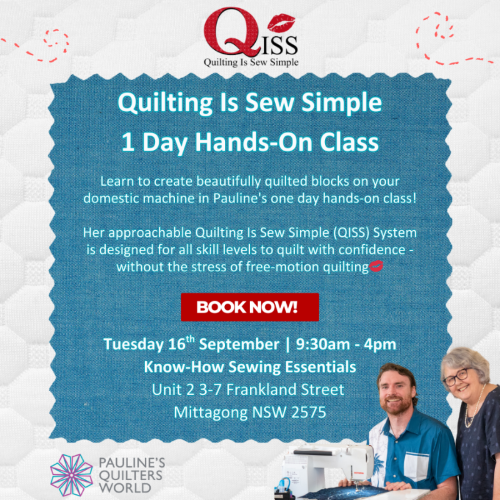 Advertisement for a quilting class with text and images of a man and woman with a sewing machine.